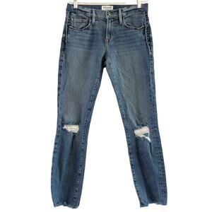 Frame Denim Le Boy Medium‎ Wash Women 24 Mid Rise Raw Hem Distressed